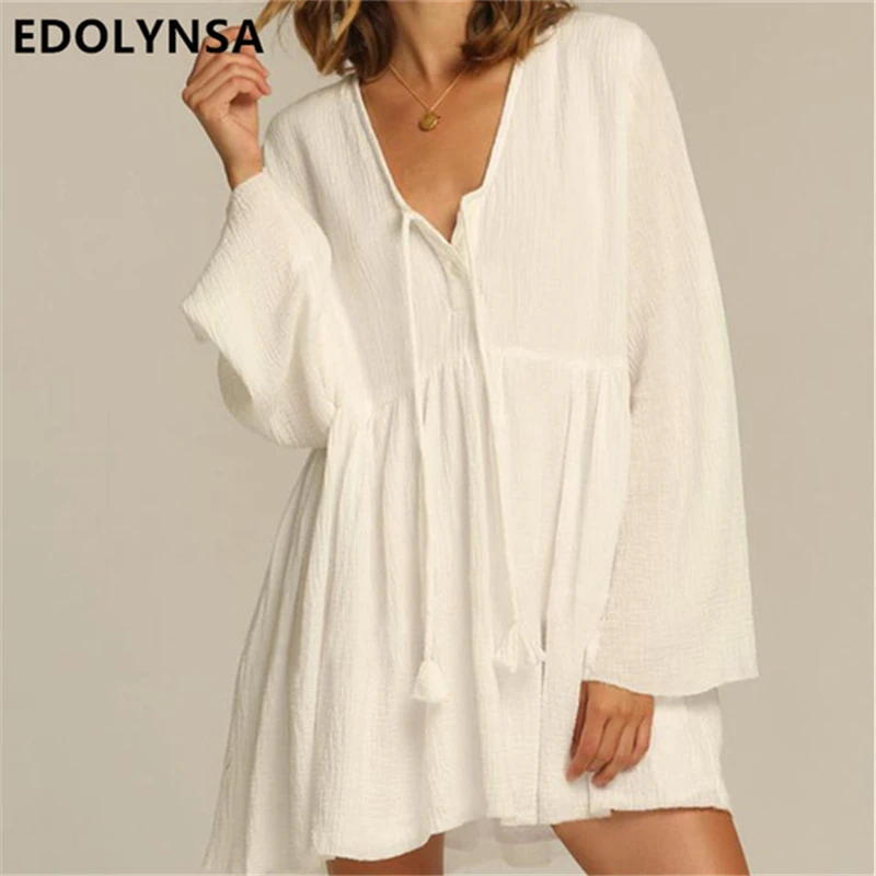 2019 повседневное летнее пляжное платье белый хлопок туника Женская одеждя для