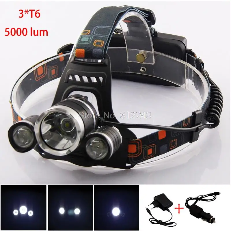 

3 T6 Led Head Light Lamp Torch Rechargeable Frontal Headlamp 5000 lumen led flashlight With Car Charger For camping Fishing