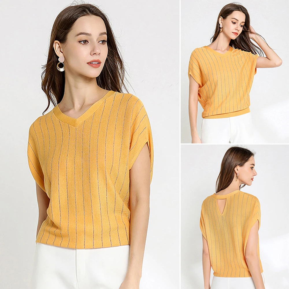 Женские новые модные рукава летучая мышь Янтарный тенсель трикотаж Летние