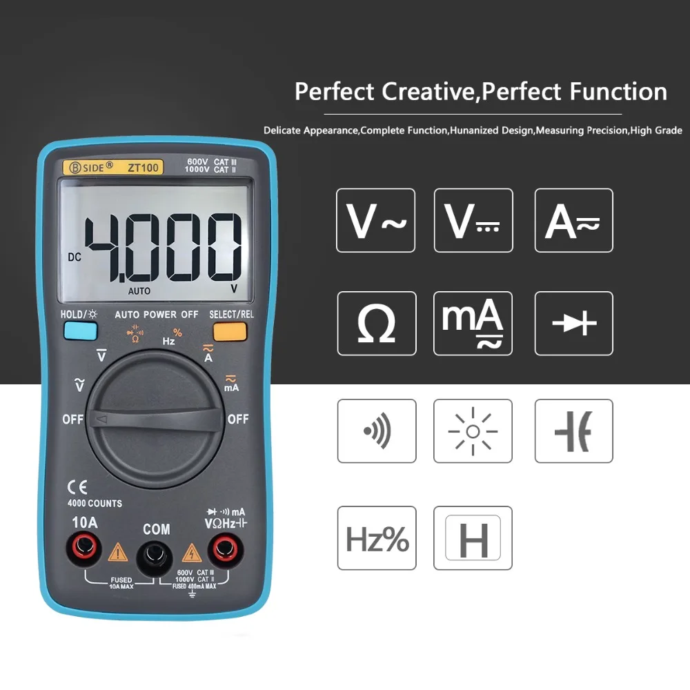 BSIDE ZT100 Цифровой мультиметр 4000 отсчетов задний светильник AC/DC 0.1uA Амперметр Напряжение Вольтметр Ом тестер Частота Диод метр DMM