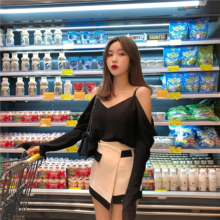 Lychee девушки с открытыми плечами Спагетти ремень Женская блузка глубокий V