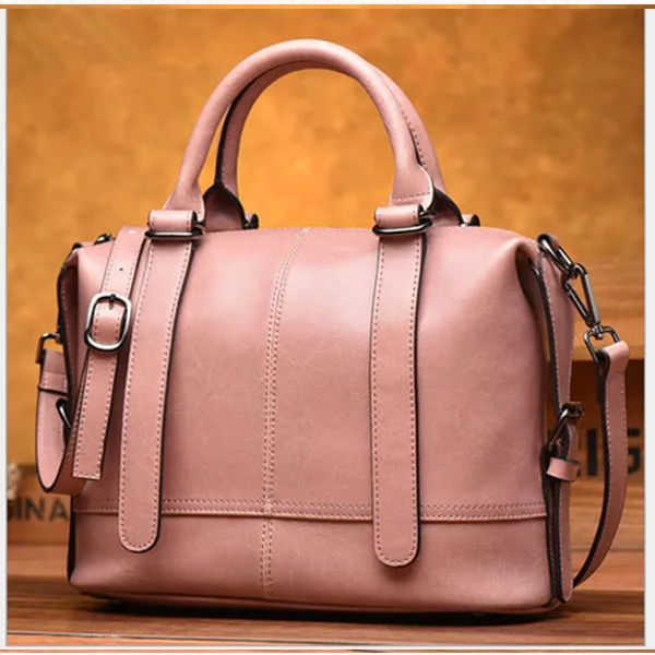 Классическая женская кожаная сумка тоут розового цвета с верхними ручками