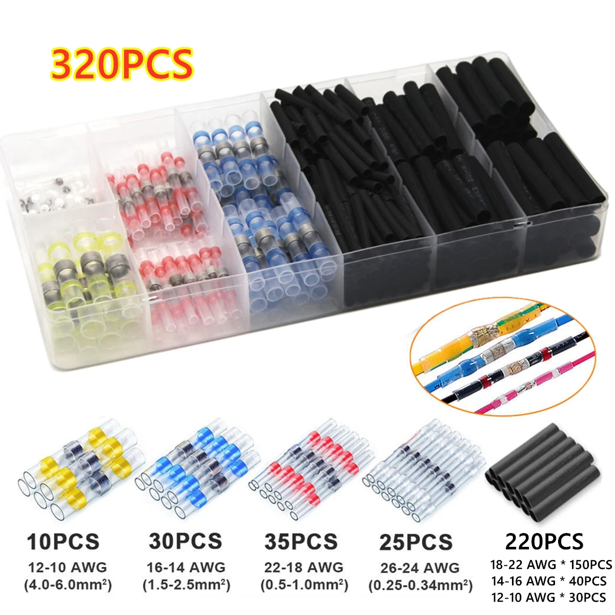 

320Pcs Waterproof Heat Shrink Seal Splice Terminals Solder Sleeve Wire Connectors 26-10 AWG Set Insulated Shrinkable Tubing Kit
