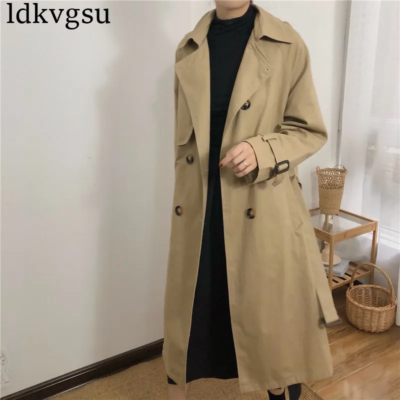 Женская Длинная ветровка свободный двубортный Тренч с Боковым Разрезом модель