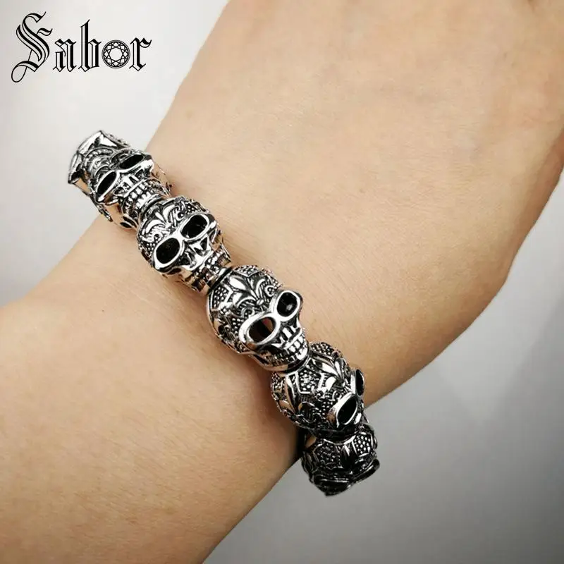 Браслет с узором лилии и бусинами в виде черных черепов новинка модные ювелирные