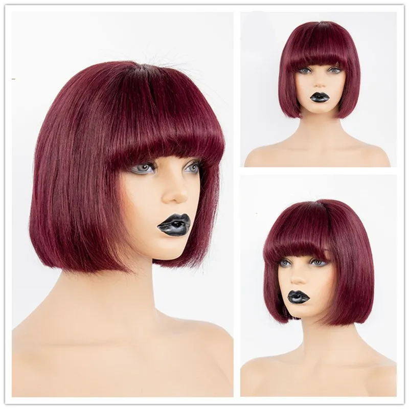 burgundy red Эффектом деграде(переход от темного к красный 99J боб парики с челкой 13x6 Синтетические волосы на кружеве человеческих волос парики индийский Волосы remy прямые цельные штаны для Для женщин с челкой черные волосы - Цвет: burgundy red