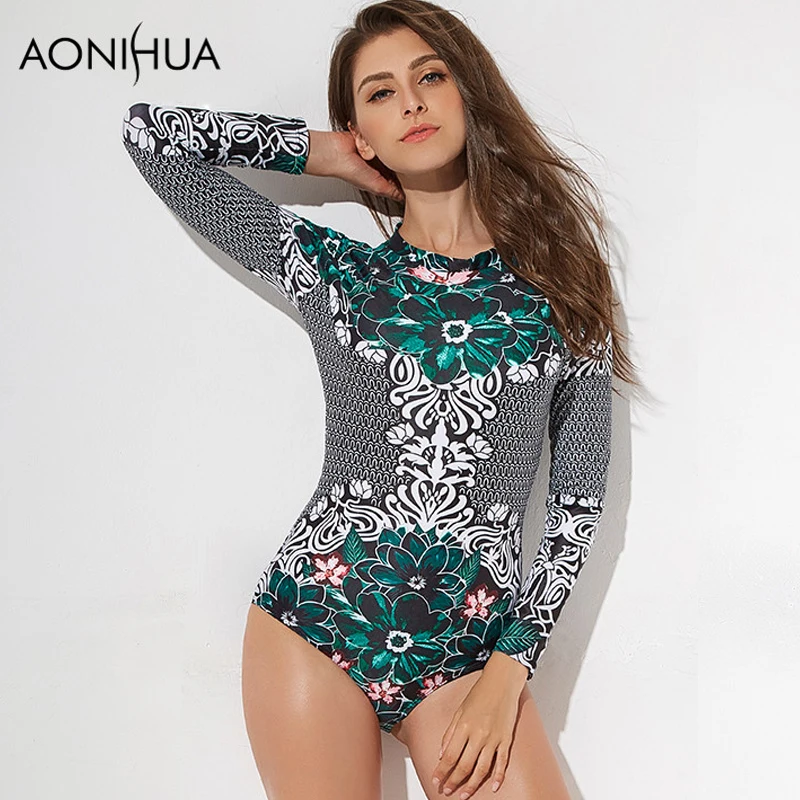 Женский слитный купальник AONIHUA с коротким рукавом в стиле ретро зеленым