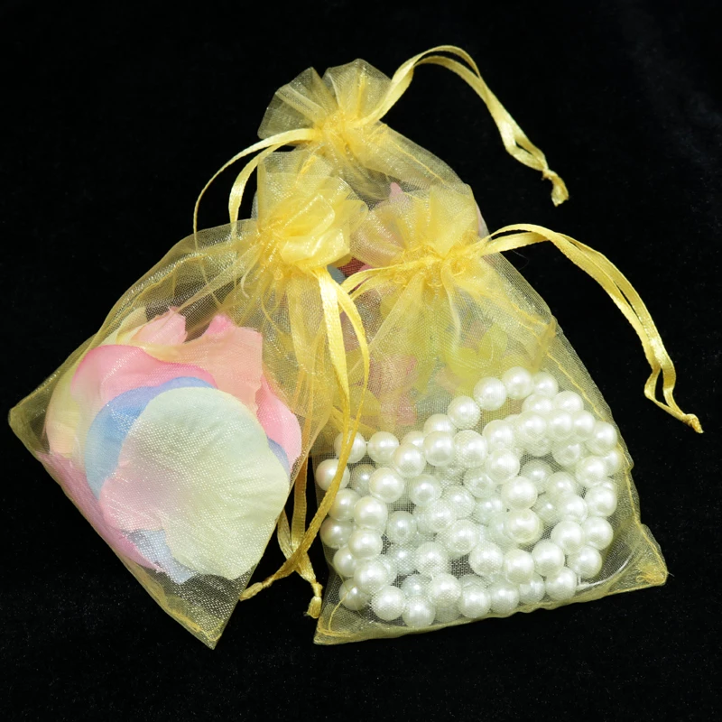 Wholesale 100pcs/lot Gold Organza Bag 7x9cm Small Wedding Favors Charms Jewelry Packaging Pouches Nice Drawstring Gift Bags | Украшения и