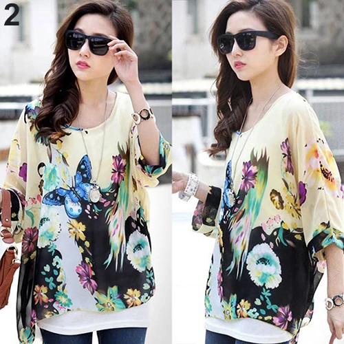 Для женщин летние богемные рукав &quotлетучая мышь&quot шифон склонны плечо блузка