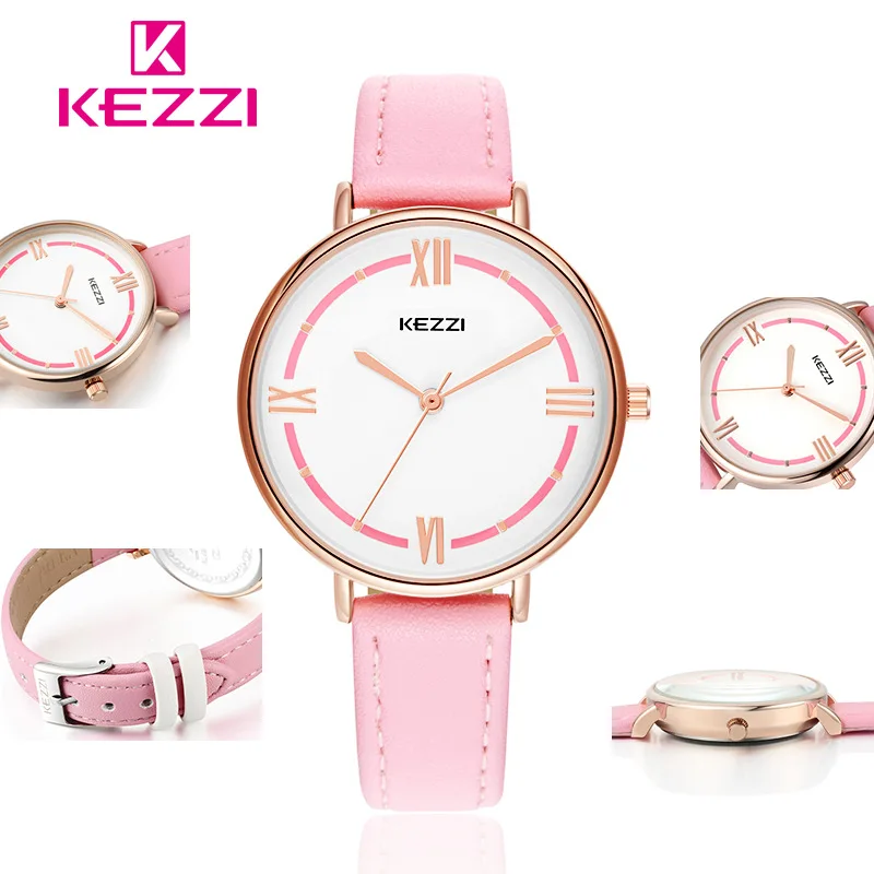 Kezzi Топ Фирменные женские часы кожа Женский Большой циферблат Кварцевые часы для женщин Тонкий Повседневный ремешок часы Reloj Mujer