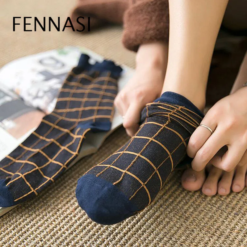 FENNASI 5 пар Харадзюку женские хлопковые носки Модные клетчатые с принтом