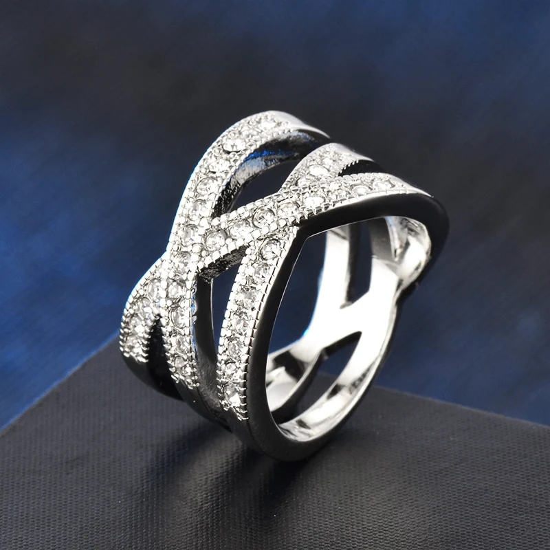 Rings for women New Fashion Rose gold color/ White Gold color Corss X Design Wedding Rings With Austria Crystals Round J00780