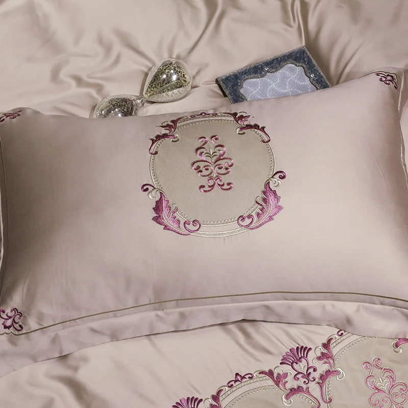 

60S tencel silk summer Bedding Set 4/6pcs king queen size bed set embroidered bedclothes duvet cover bed sheet set pillowcase 36