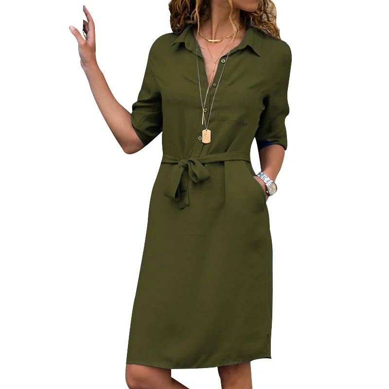 

Newly Women Loose Fit Shirt Dress Mid Sleeve Solid Color Shirt with Belt m99
