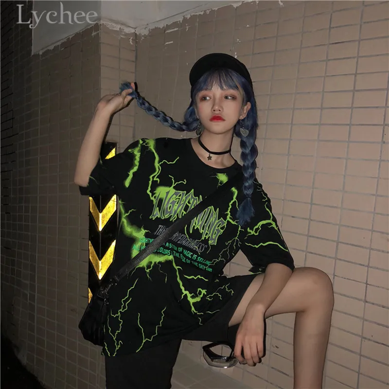 Lychee Harajuku, женская футболка с принтом молнии и буквами, Повседневная Свободная футболка с круглым вырезом и коротким рукавом, женская футболка