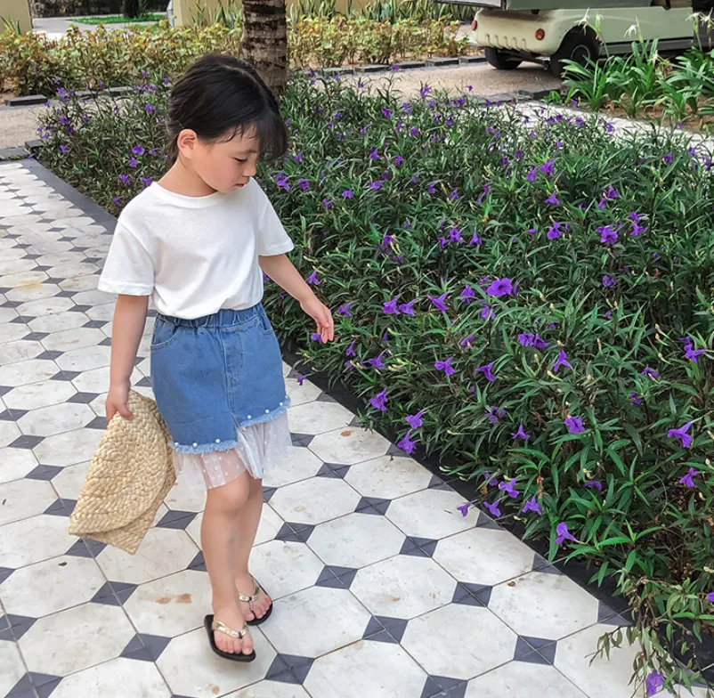 Модные джинсовые юбки для маленьких девочек летние детские пачки с жемчужинами и