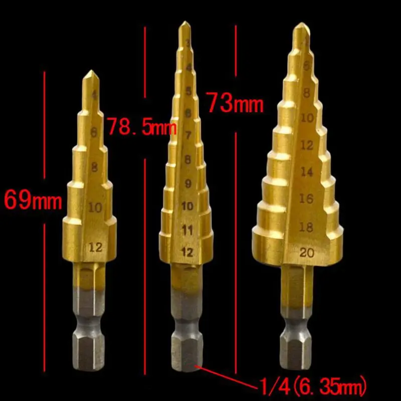 

1PCS Stepping Drill Titanium Coating 4-20mm Pagoda Drill Hexagon Screw Drill HSS Power Tools Metal Drill Woodworking Bit