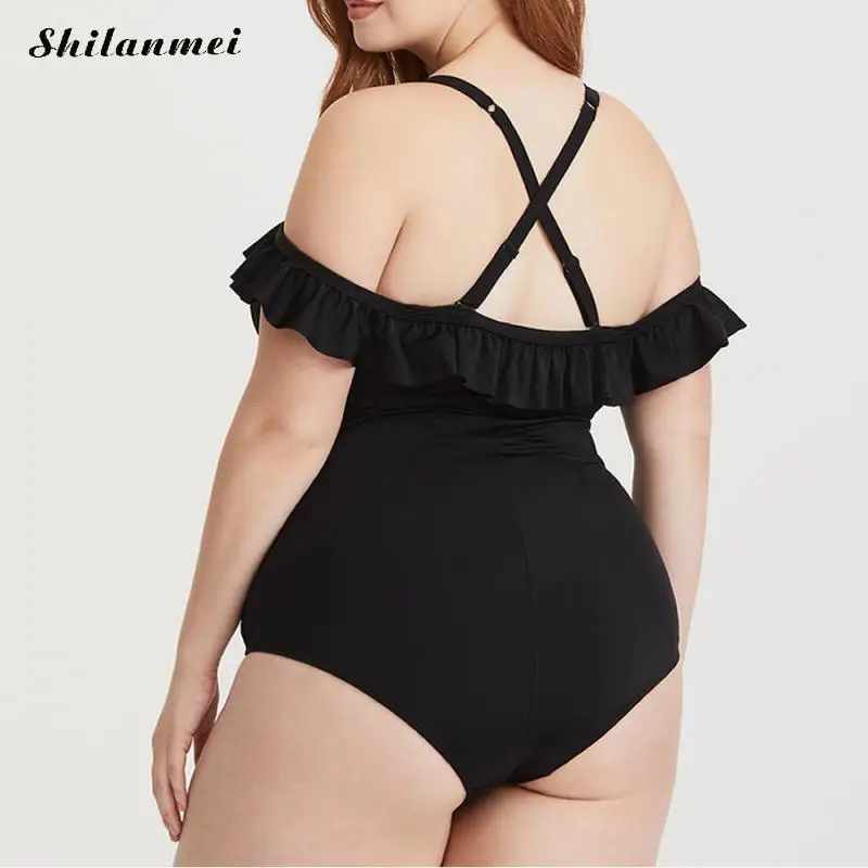Плюс размер купальник для женщин черный с открытой спиной цельный женский 2018