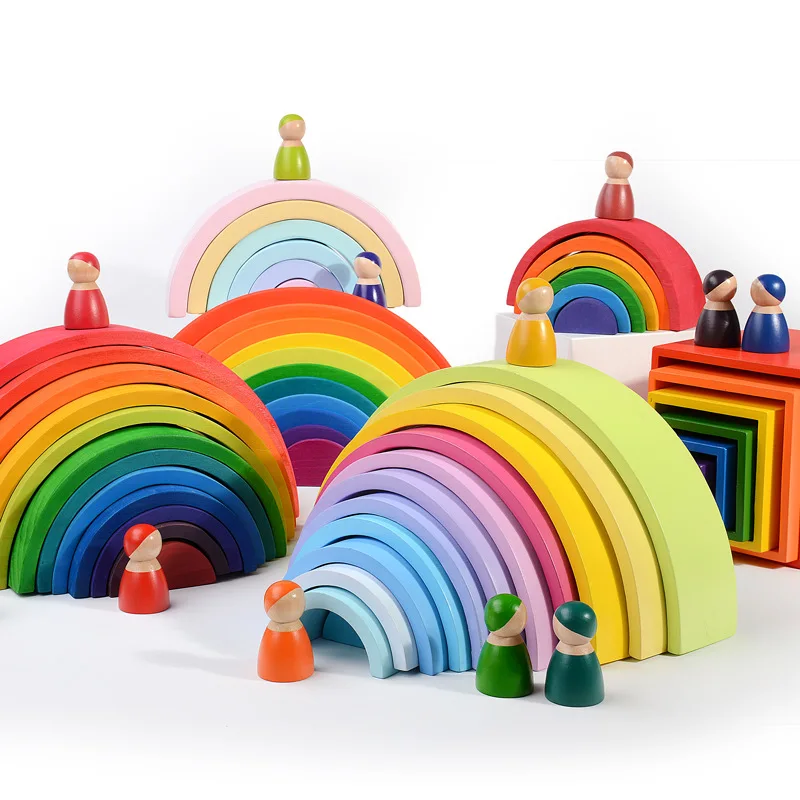 12Pcs เด็กวัยหัดเดิน Playset Montessori และ Waldorf แรงบันดาลใจ Rainbow ของเล่นไม้ที่มีสีสัน Rainbow Blocks Rainbow Stacker ของเล่นสำหรั...