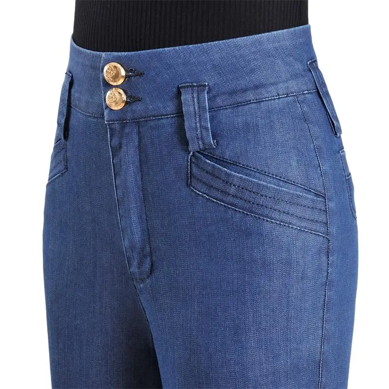 Джинсы женские прямые с высокой талией на осень 2017 синие 28-35 размера плюс |
