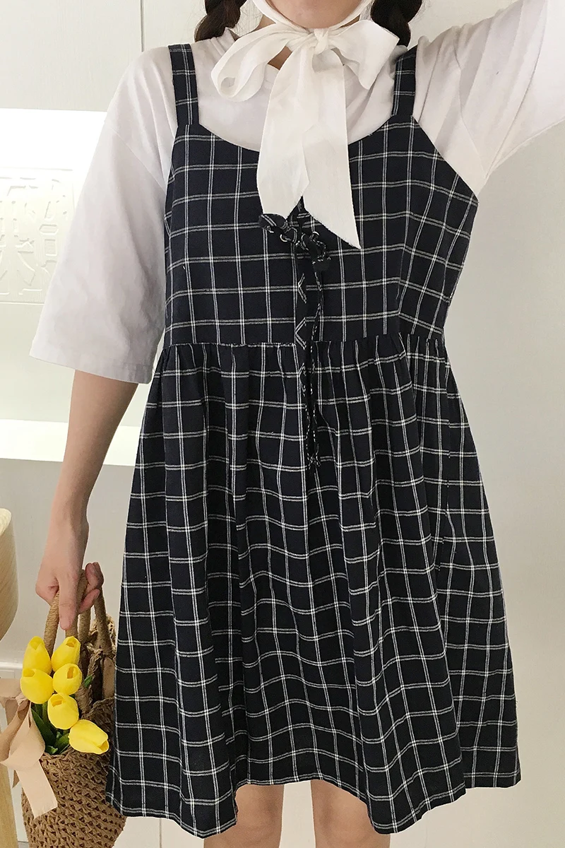 Клетчатые простые Универсальные женские платья на бретелях 2019 летний