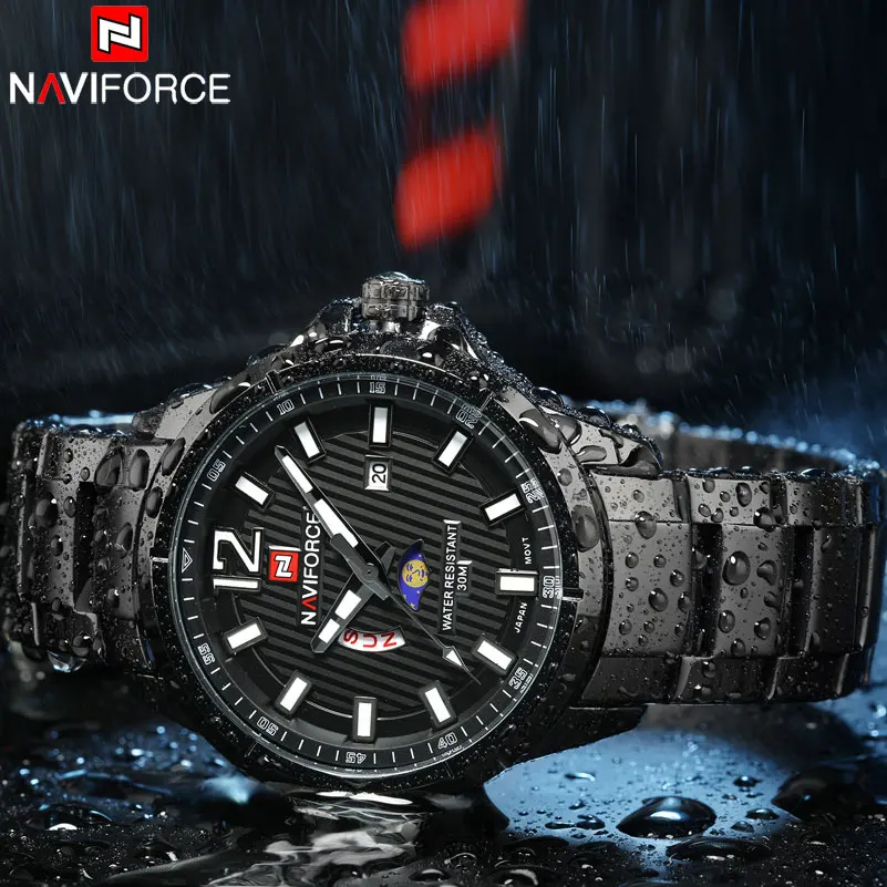 Мужские спортивные часы NAVIFORCE кварцевые со стальным ремешком брендовые наручные