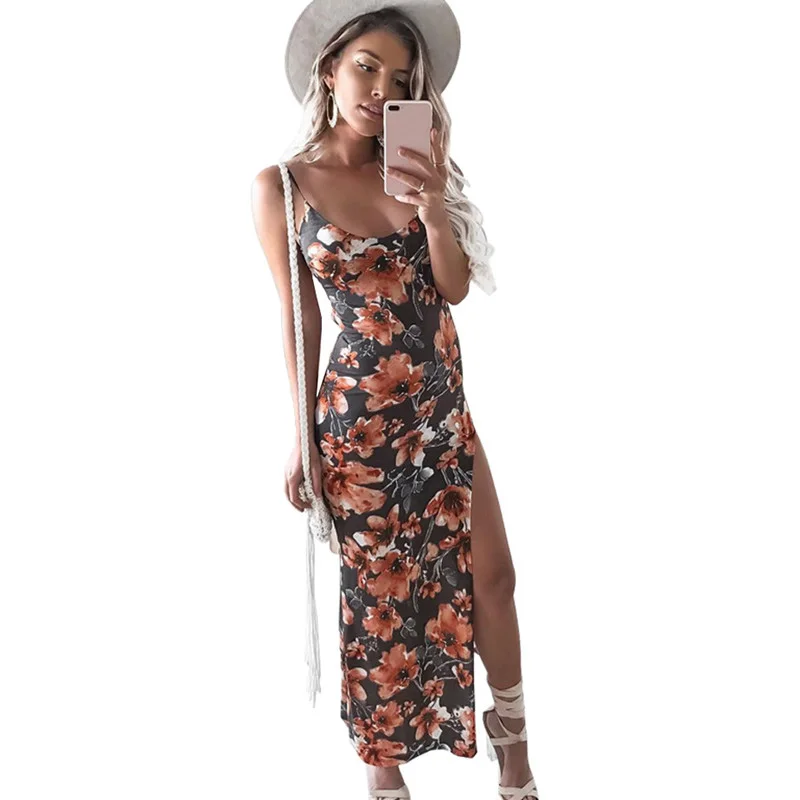

Summer Beach Style Women Spaghetti Strap Dresses Plus Size Sleeveless New Sexy Ladies Print Backless Dress Fork Opening Vestidos