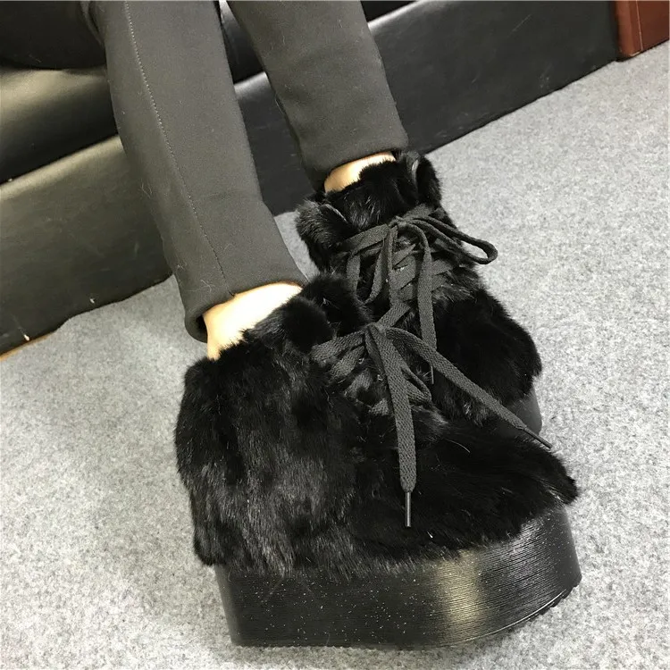 Теплые ботинки Eskimo из меха норки, женские зимние ботинки на толстой платформе С Разноцветными полосками на меху, зимние ботинки до середины икры на шнуровке