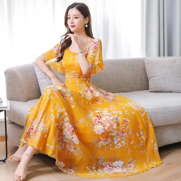 Женское длинное шифоновое платье черное розовое желтое синее с рукавом бабочкой