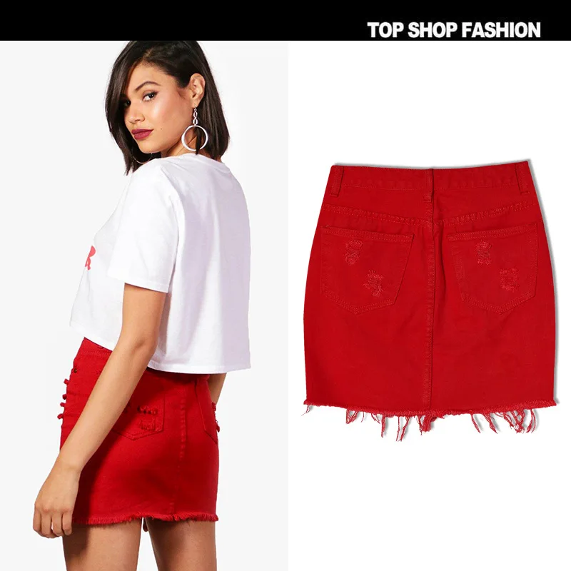

New 2018 spring spring high pockets hip cowboy bust skirt big red irregular hole in