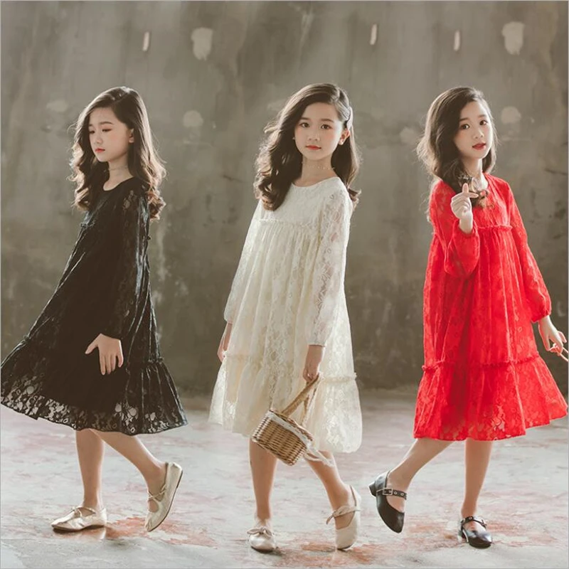 Autumn Dresses Girls 2019 New White Black Red Lace Long Sleeve Dress For 4 to 12 Years Sweet Fashion Fall Clothing | Детская одежда и