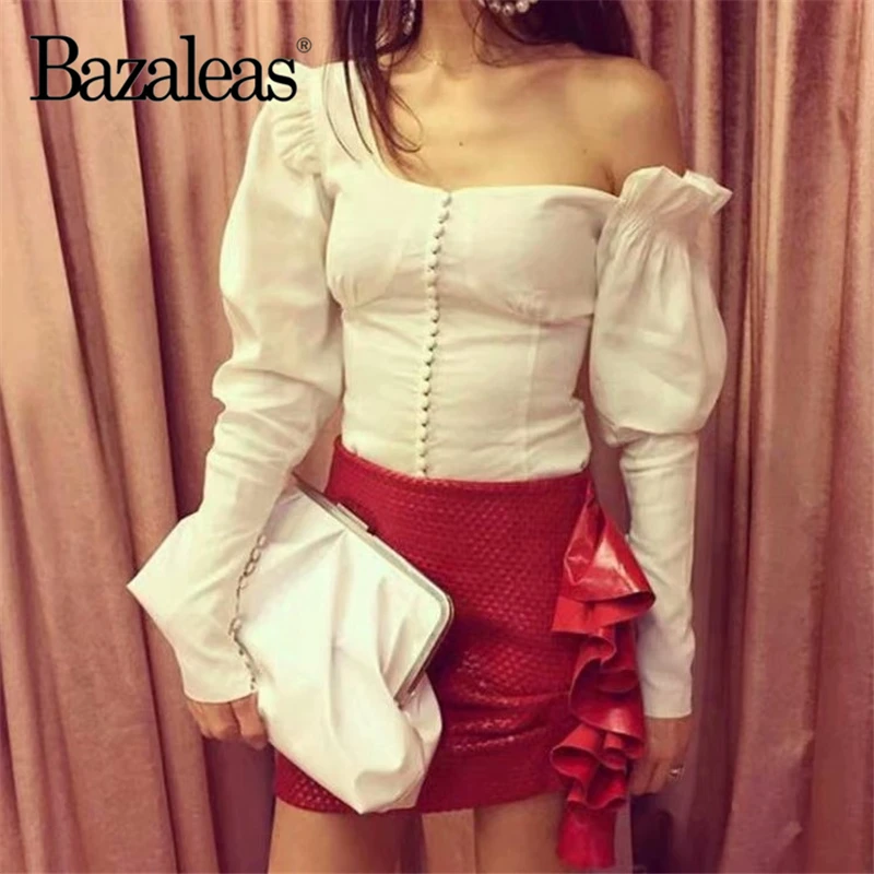 Bazaleas белые топы с открытыми плечами и пуговицами blusas Топ спереди блуза тонкие