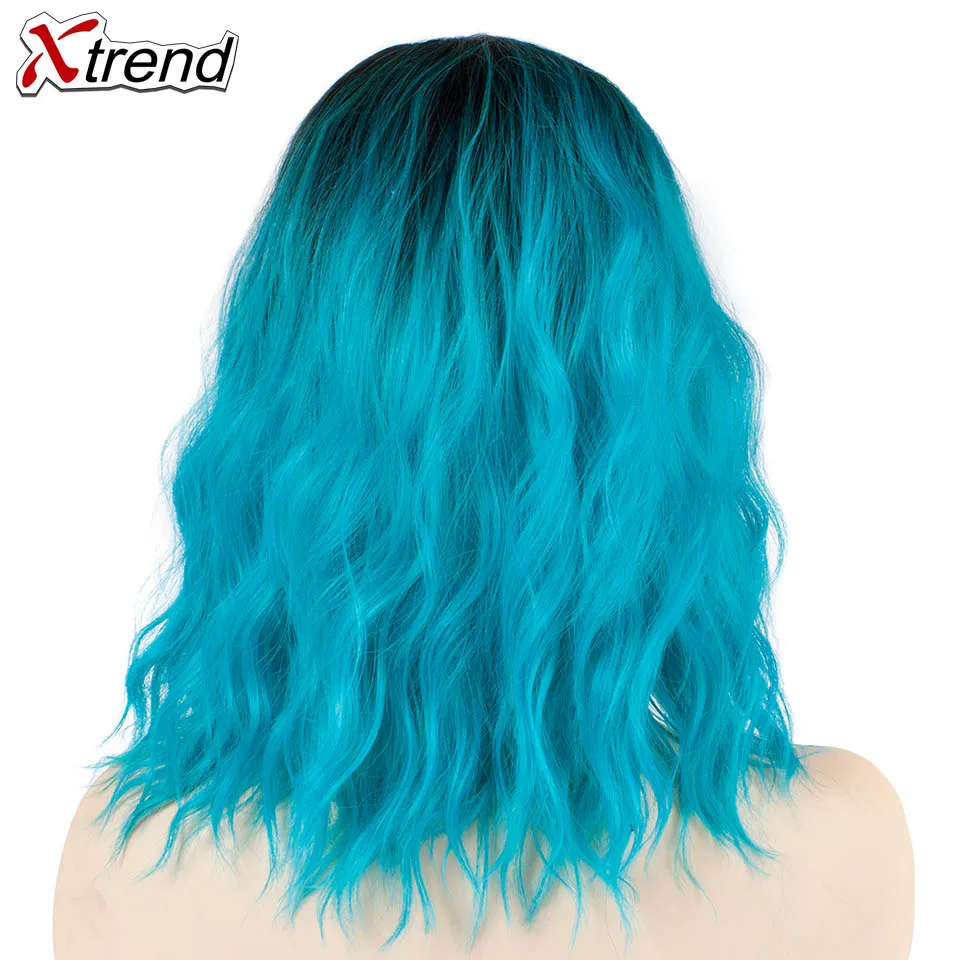 Ombre Blue Xtrend синтетический короткий волнистый парик женский серый Синий Розовый Красный натуральные волосы Омбре парики женский Термостойкое волокно Perruque - Цвет: Ombre Blue
