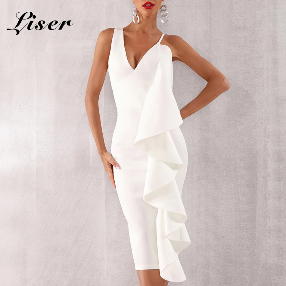 Женское платье с v образным вырезом Liser Черное и белое облегающее оборками для