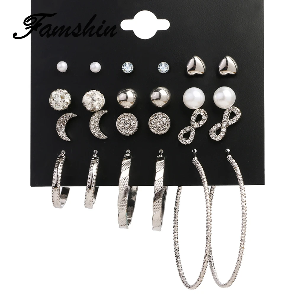FAMSHIN модные Кристальные бесконечные серьги набор для женщин Bijoux имитация жемчуга