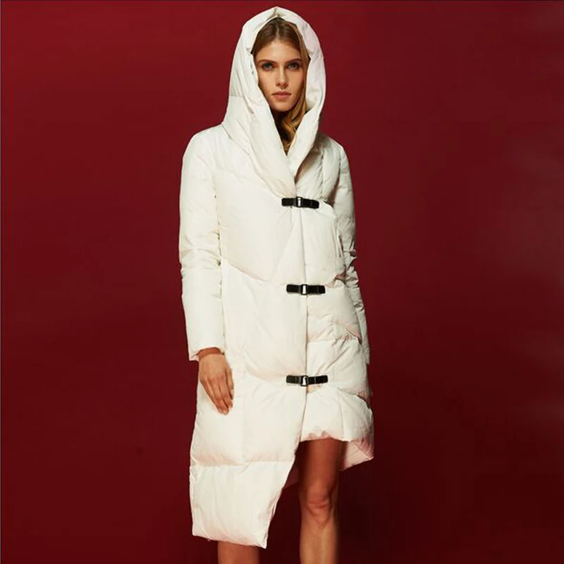 Женское зимнее пальто белая куртка пуховик с капюшоном Длинная утепленная