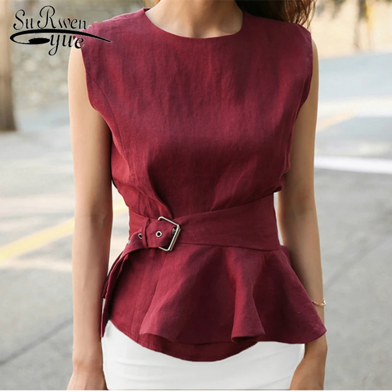 

Elegant Stylish Red Summer Tank Top Femme Chemise Women Fashion Shirts 2019 O-neck Sleeveless Belted Peplum Blouse 4144 50