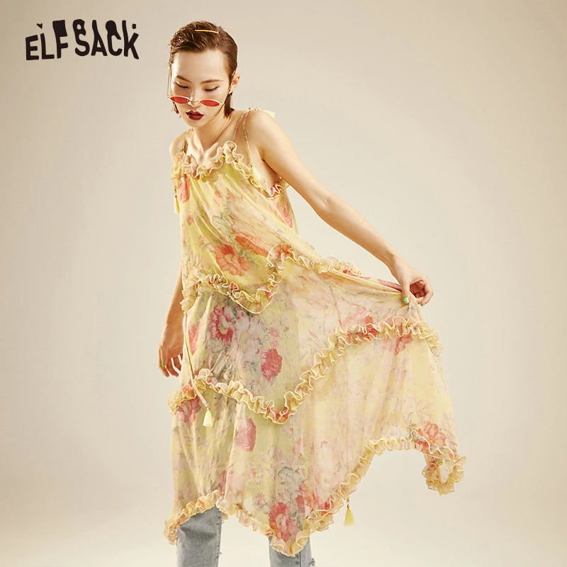 Женское шифоновое платье ELFSACK желтое с цветочным принтом на лето 2019|Женские