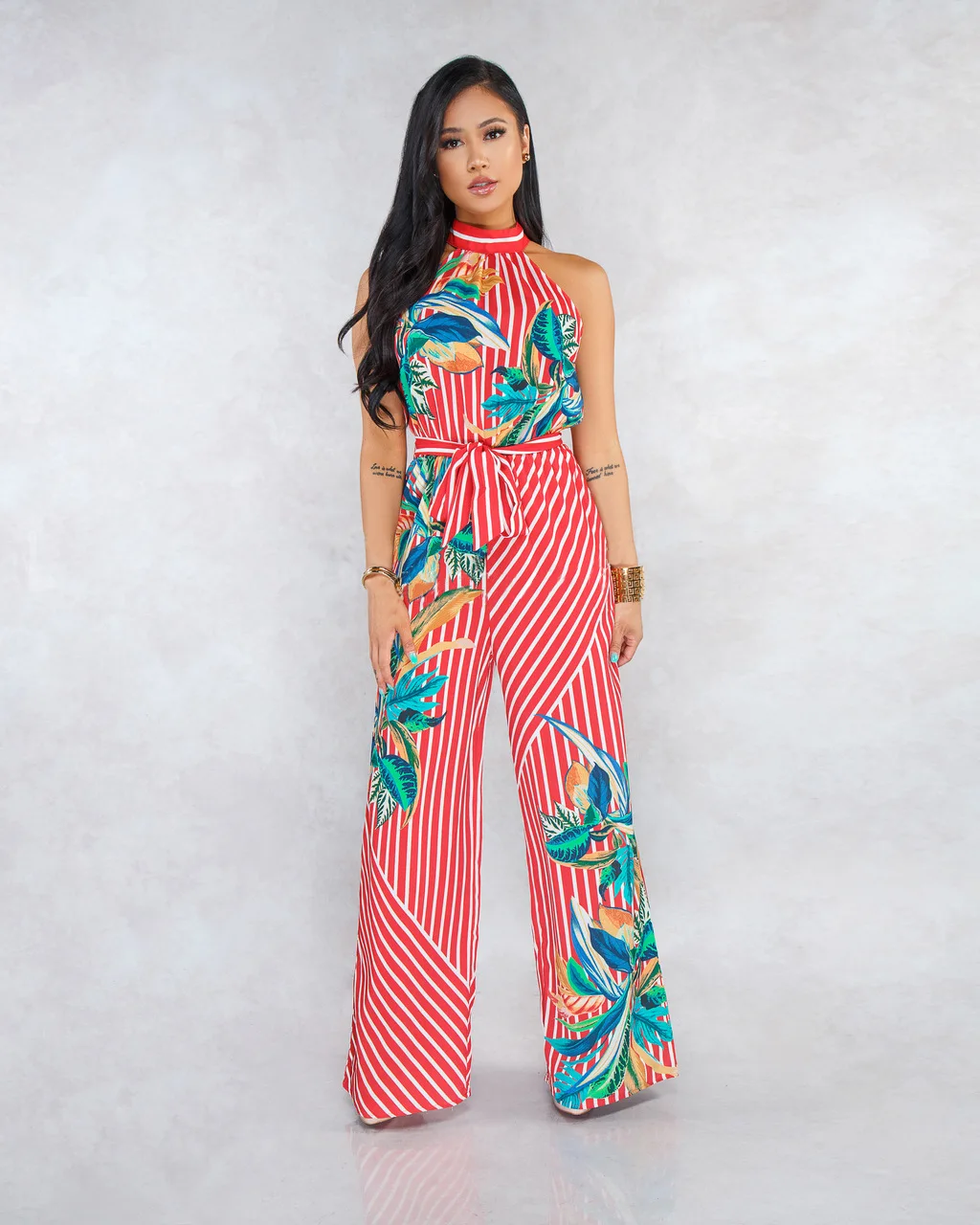 

Stripe Printed Halter Wide Leg Bodycon Jumpsuits Casual Sleeveless High Waist Slim Fit Office Lady Night Club Jumpsuits