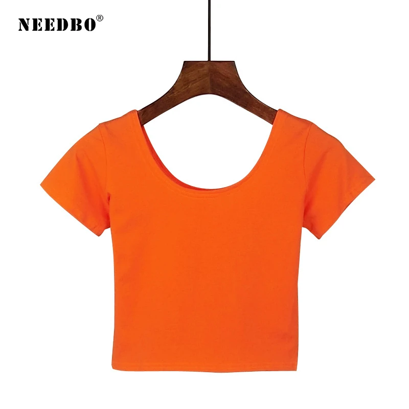 

NEEDBO Fashion O-Neck Sexy Crop Top Women Femme Short Sleeve T shirt Top Cotton High Waist Slim Casual Lady Short Women Tshirt