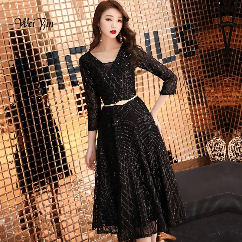 weiyin 2020 New Black V Neck Evening Dresses Long Sleeves Sequined Tea-length Party Gown Formal WY1238 | Свадьбы и торжества
