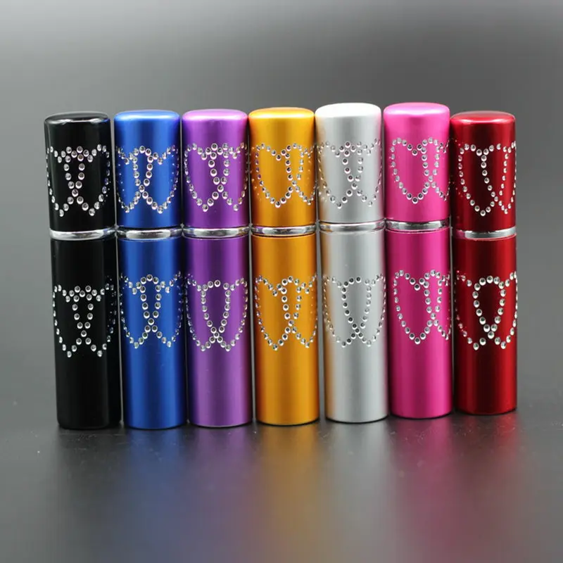 50pcs/Lot Perfume Atomizer 10ml Double Heart Carved Designs Refillable Anodized Aluminum Glass Bottle Engraved Spray Scent Vials