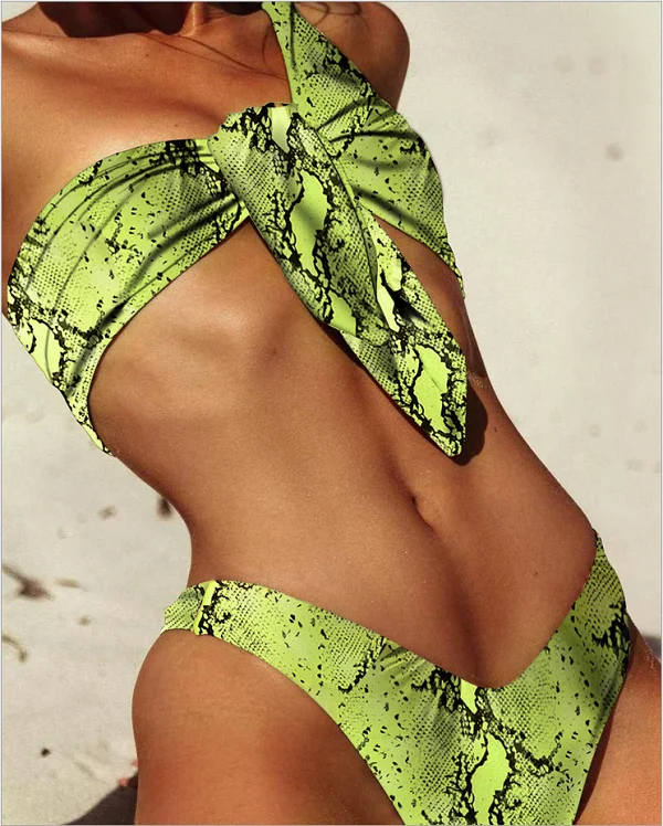 Женский сексуальный комплект бикини однотонный купальник со змеиным принтом
