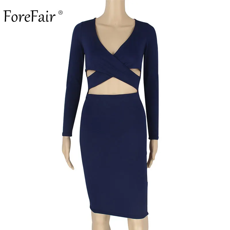 ForeFair с длинным рукавом Bodycon Midi Бандажное платье для женщин хлопок эластичные элегантные сексуальные платья белый черный красный Женское зимнее платье - Цвет: Dark Blue Dress