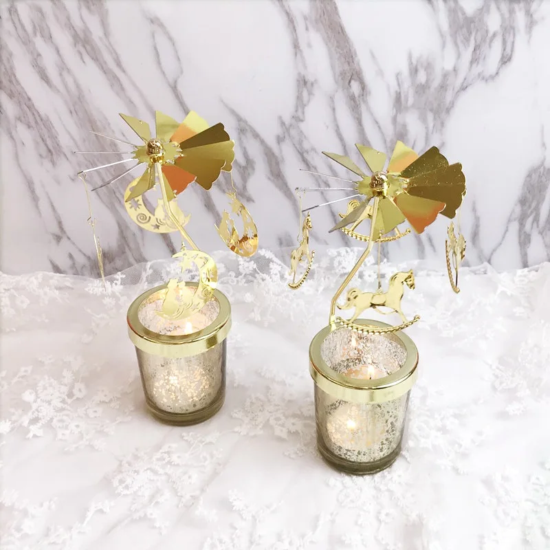 Home Christmas Decoration New Romantic Rotary Spinning Tealight Candle Metal Tea Light Holder Carousel