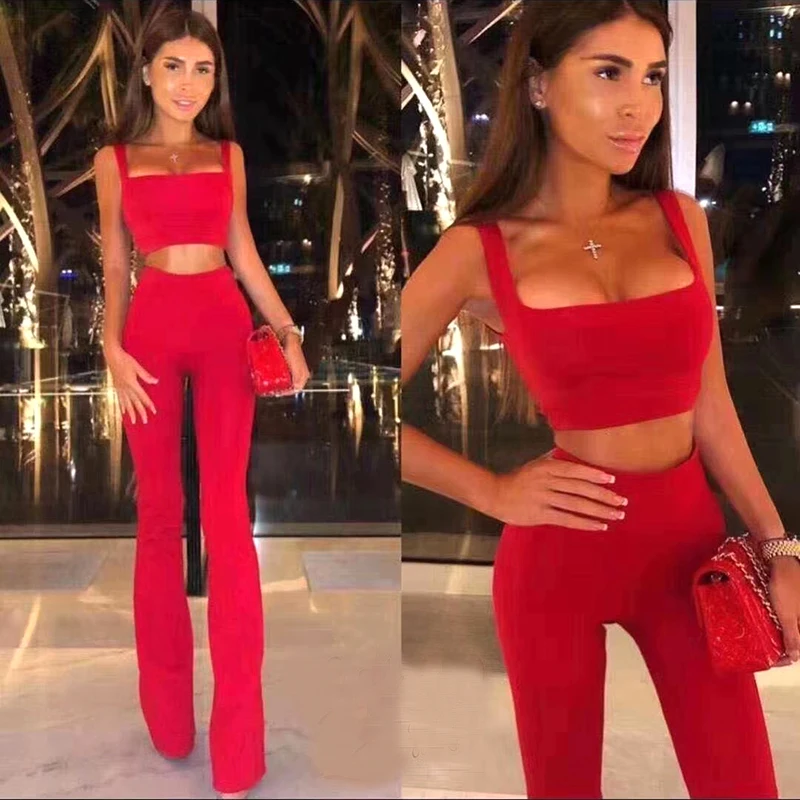 

Red and Black Color Ladies HL Bandage Jumpsuits Sexy 2 Pieces Bodycon Boot Cut Jumpsuits Club Night Jumpsuits