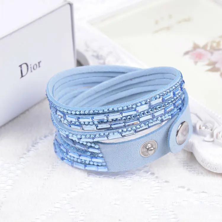 light blue Полный кожаный браслет со стразами браслеты ручной работы Многослойные двойные обертывания Бархатный Браслет манжета браслеты для девушек/женщин подарок - Окраска металла: light blue