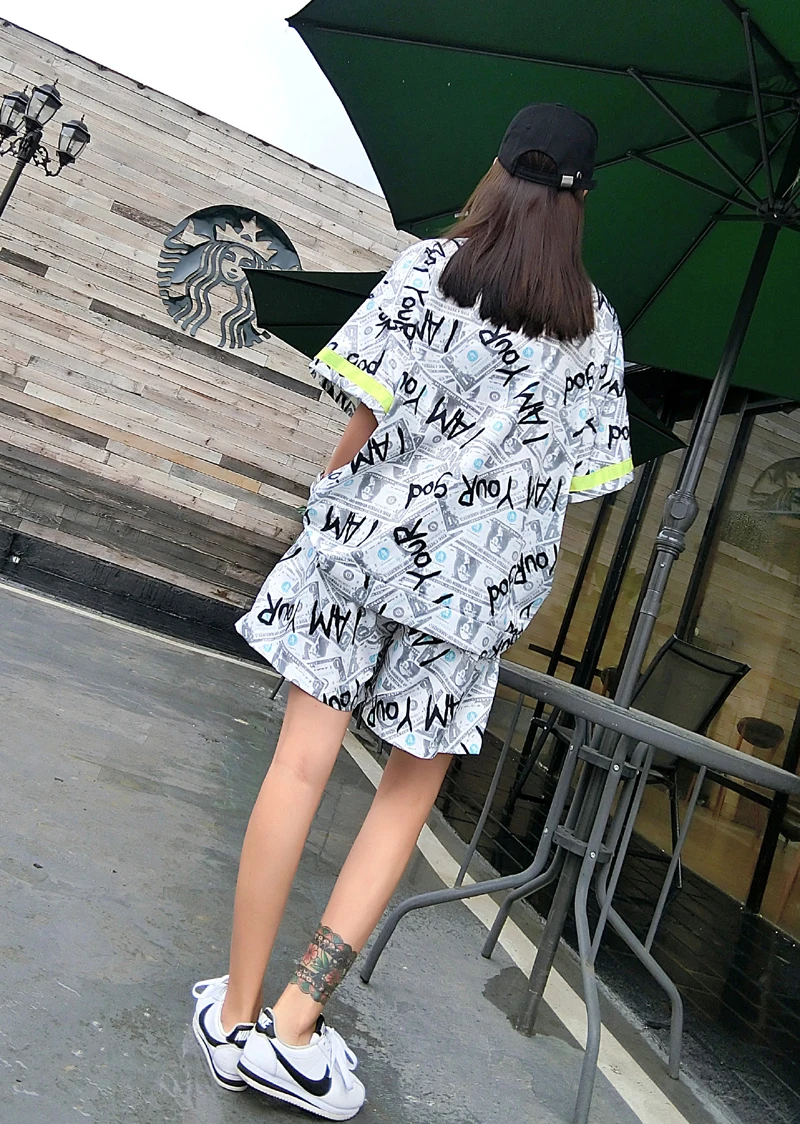 Для девочек Street Wear долларов США печати короткий рукав костюм Harajuku