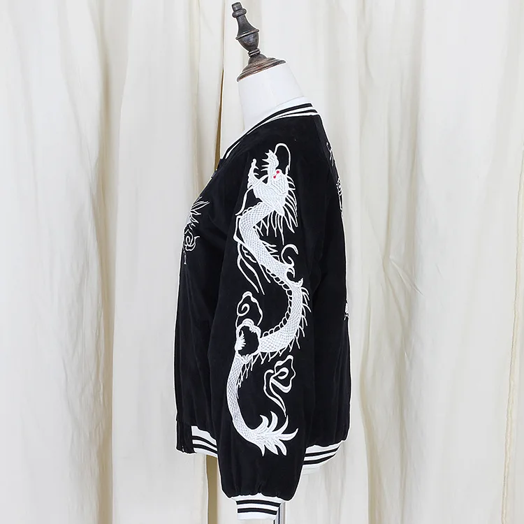 Hot Japanese Harajuku YOKOSUKA Feel Dragon Embroidery Cool Jacket Long Sleeve Baseball Casual Outwear High Quality Black &amp Blue | Женская