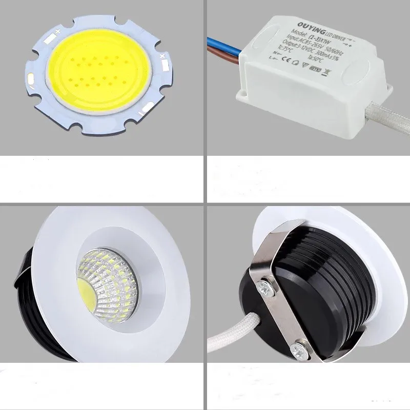Dimmable 3 Вт 5 круглый COB мини точечный встраиваемый светильник белый корпус черный